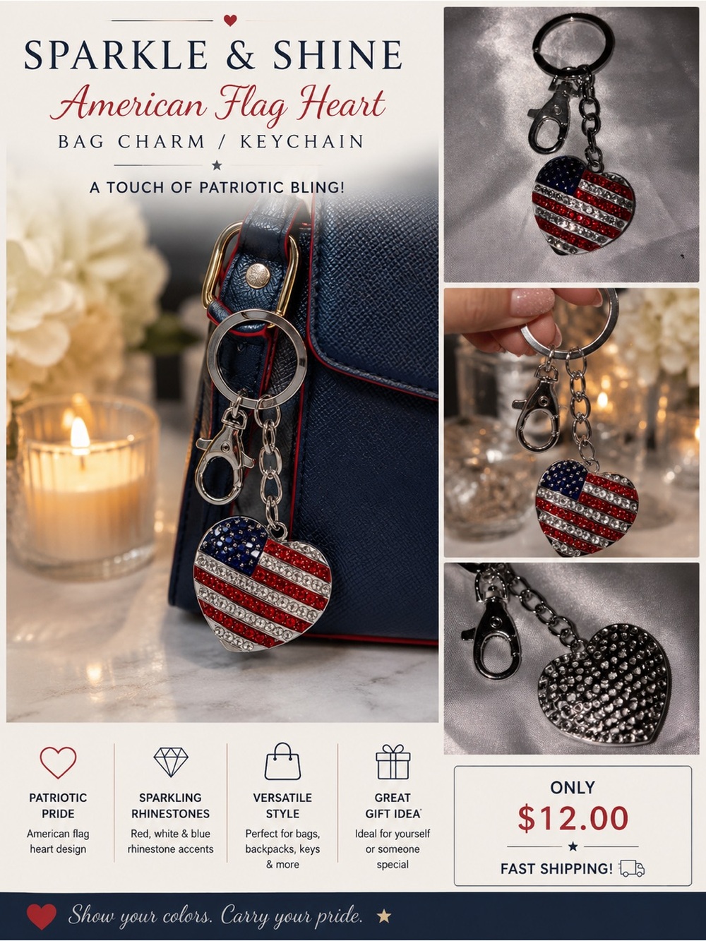 American Flag Heart Keychain - Red, White & Blue